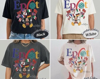 Comfort Colors Mickey EPCOT World Tour-shirt, vintage T-shirt met vlaggen uit de jaren 90