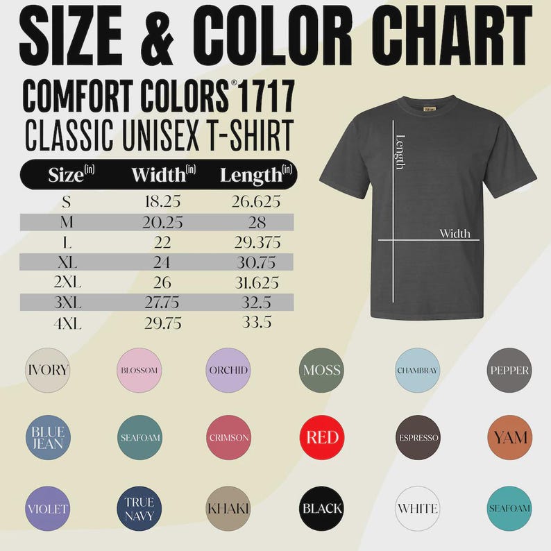 Pu&ograve; includere: Una tabella delle taglie e dei colori per una t-shirt unisex Comfort Colors 1717 Classic. La tabella include le misure delle taglie in pollici, dalla S alla 4XL. Le opzioni di colore includono Avorio, Blossom, Orchid, Moss, Chambray, Pepper, Blue Jean, Seafoam, Crimson, Rosso, Espresso, Yam, Violetto, Blu Navy, Kaki, Nero, Bianco e Seafoam.