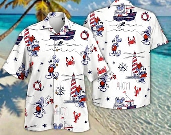 Mickey Minnie Nautical Aloha-shirt, Lighthouse Sailing Beach-top