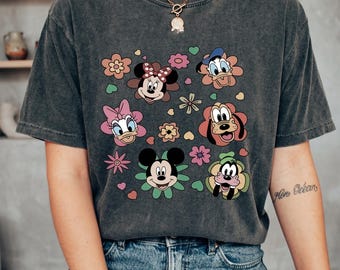Comfortkleuren retro bloemen geruit Disney shirt Mickey en vrienden, Disney familieshirt, Disney familie-uitje shirt, bijpassende familieshirt