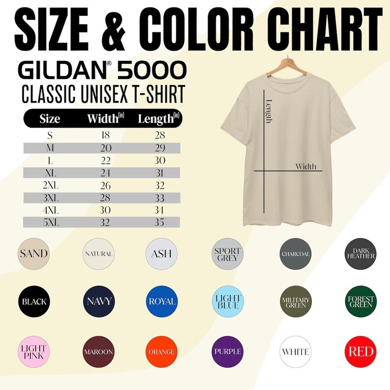 Pu&ograve; includere: Tabella delle taglie e dei colori per le t-shirt unisex classiche Gildan 5000. La tabella mostra le taglie dalla S alla 5XL, con misure di larghezza e lunghezza in pollici. Le opzioni di colore includono Sabbia, Nero, Blu Navy, Royal e Rosso.