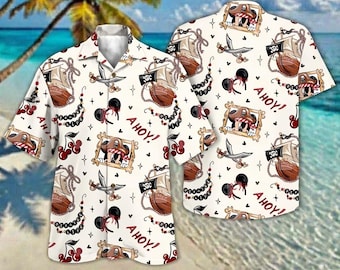 Disney piraat Mickey Mouse button-down shirt, Ahoy nautisch Hawaiiaans shirt, cruise piraten nacht outfit, Mickey Ears Pirate Life zomertop