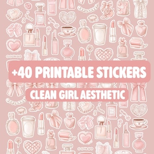 40+ Stickers Imprimibles Clean Girl, Pegatinas Lazos Rosa Coquette, Descarga Digital Estética Soft Girl, Stickers de Maquillaje y Perfumes.