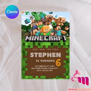 May include: A Minecraft-themed birthday party invitation. The design features pixelated green blocks, Minecraft characters, and the word "Minecraft" in a blocky font. The invitation includes the text "You are invited", the name "Stephen", and the age "6".