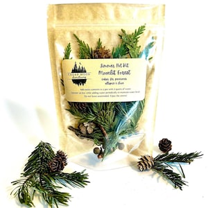 May include: A clear bag containing a Summer Pot Kit labeled "Moonlit Forest" with cedar, pinecones, allspice, and clove. The bag includes sprigs of green foliage and small brown pinecones. The text on the label reads "CEDAR MOON Sanctuary".