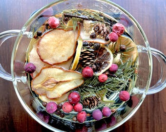 May include: A clear glass pot filled with water, containing a festive simmer pot mixture of dried pear slices, dehydrated lemon wheels, small brown pinecones, fresh green pine needles, whole cloves, and bright red cranberries floating throughout.