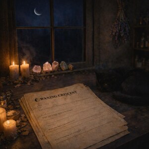 Op de afbeelding: Een schemerige scène met een stapel verouderd papier met het opschrift "Waning Crescent" op een houten tafel. Brandende kaarsen, kristallen en een zwarte kat zijn aanwezig. Een halve maan is zichtbaar door een raam, wat een mystieke sfeer creëert.