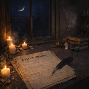 Op de afbeelding: Een schemerige scène met een stapel verouderde papieren met de tekst "Waxing Crescent" en een veer. Brandende kaarsen en een halve maan door een raam creëren een mystieke sfeer. Boeken en kristallen zijn ook aanwezig.