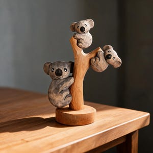 Hölzerne Koala-Familienfigur, Koala-Baum-Skulptur, niedliches Tier-Regaldekor, australische Wildtierstatue, Geschenk für Naturliebhaber
