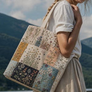 May include: A rectangular tote bag featuring a patchwork design of various floral patterns in muted tones of blue, yellow, orange, and cream. The bag has two shoulder straps and is constructed from quilted fabric with detailed botanical embroidery.