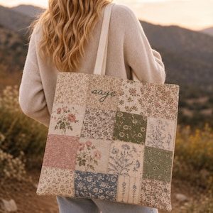 Vintage Patchwork Floral Tote Bag | Personalized Quilted Flower Tote | Cottagecore Wildflower Market Bag | Bachelorette Gift for Her
