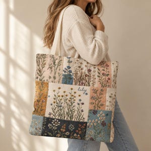 Wildflower Patchwork Tote Bag | Personalized Floral Tote Bag | Cottagecore Bag | Custom Name Tote | Beach Tote| Boho Flower Bag Gift for Her