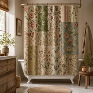 May include: A shower curtain featuring a patchwork design of various floral patterns in shades of cream, sage green, dusty pink, and muted blue. The fabric is suspended from a gold-toned rod by metal rings, covering a white clawfoot bathtub.