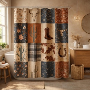 Western Patchwork Shower Curtain | Cowboy Boots, Cactus, Horseshoes & Skull Bathroom Decor | Rustic Western Bathroom