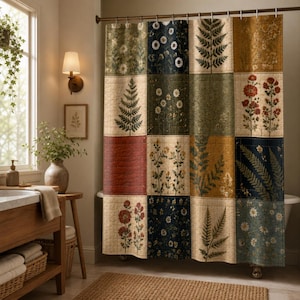 Plant Patchwork Shower Curtain | Vintage Quilted Bathroom Decor | Botanical Floral Wildflower | Fern Daisy Greenery Cottagecore Bath Curtain
