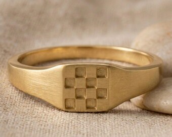 Anillo de oro personalizado retro a cuadros grabado, anillo de sello vintage, anillo con patrón geométrico, regalo de joyería unisex