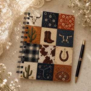 Peut inclure: Un carnet à spirales présentant une grille de douze panneaux carrés avec des illustrations sur le thème de l'ouest, incluant un crâne de vache, des cactus, des bottes de cow-boy, un fer à cheval, des motifs de vache, de carreaux et floraux.