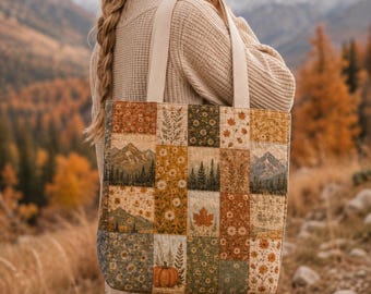Patchwork-Tragetasche für Herbstliebhaber | Tasche mit herbstlichen Wildblumen | Kürbis-Tragetasche | Natur-Tasche im Cottagecore-Stil | Gemütliches Herbstgeschenk für Sie