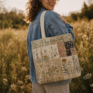 Personalisierte Tragetasche mit floralem Patchwork-Muster | Vintage-Büchertasche mit Wildblumenmuster | Cottagecore-Geschenk für Sie | Individuelle Canvas-Tasche | Boho-Stepptasche