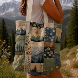 Patchwork-Berg-Tragetasche | Personalisierte Natur-Tragetasche | Sonnentasche mit Wildblumenmuster | Florales Waldmotiv | Rustikales Abenteuergeschenk für Sie