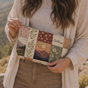 Mountain Wildflower Zipper Pouch | Patchwork Makeup Bag | Cottagecore Cosmetic Bag | Outdoorsy Travel Pouch | Bachelorette Nature Lover Gift