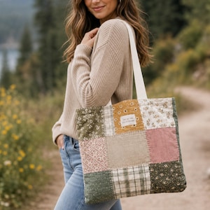 Sac cabas matelassé patchwork personnalisé | Nom ou message personnalisé | Cabas vintage à carreaux floraux | Sac de plage, de marché et de livres style cottagecore