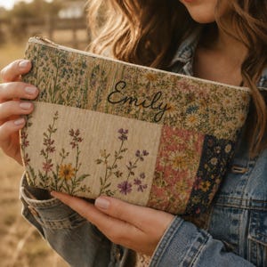 Peut inclure: Une pochette zippée présentant un motif patchwork de fleurs dans des tons de vert, jaune, rose et bleu. La partie supérieure affiche le prénom Emily en écriture cursive noire. Le tissu présente un aspect texturé avec divers motifs de fleurs sauvages.
