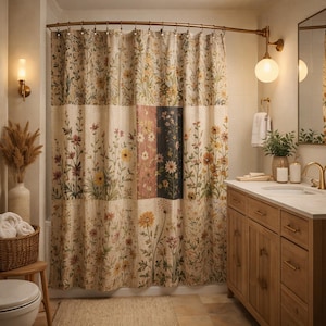 Vintage Wildflower Patchwork Shower Curtain | Floral Botanical Bathroom Decor | Cottagecore Quilt Inspired Shower Curtain