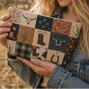 Spersonalizowana saszetka w stylu western patchwork i pasująca do niej torba | Niestandardowy dodatek do imienia, ołówek lub kosmetyczka | Saszetka podróżna w kształcie podkowy | Prezent dla kowbojki