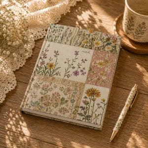 May include: A rectangular notebook with a hard cover featuring a patchwork design of various floral patterns in muted tones of yellow, pink, green, and white. The word "madi" is printed in small, cursive black letters on the front cover.
