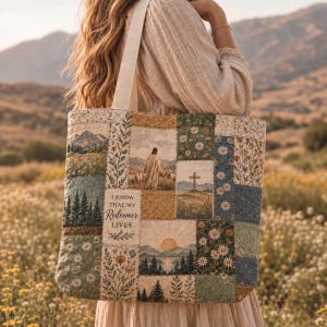 May include: A quilted tote bag featuring a patchwork design with various scenes including a figure walking with sheep, a cross on a hill, mountains, pine trees, and daisy floral patterns. The text "I KNOW THAT MY Redeemer LIVES" is printed on the bag.
