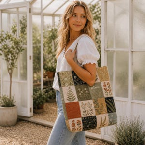May include: A rectangular tote bag featuring a patchwork design of various botanical prints in shades of green, orange, yellow, and dark blue. The bag includes a white embroidered name, Olivia, on one of the panels and has two shoulder straps.