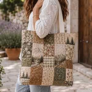 May include: A quilted tote bag featuring a patchwork design of various fabric squares. The patterns include mountain landscapes, pine trees, floral prints, and green gingham checks in earthy tones of brown, cream, olive green, and sage.