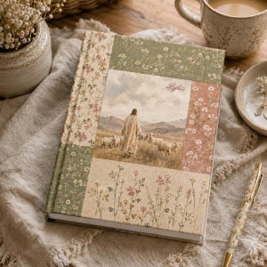 Pode incluir: Um diário de capa dura com uma cobertura de tecido floral patchwork em tons de verde, rosa e creme. O painel central exibe uma ilustração impressa de uma figura de túnica caminhando com um rebanho de ovelhas num campo, com o nome Lydia.
