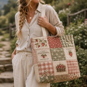 Sac cabas personnalisé patchwork fraise | Sac matelassé style cottagecore | Cadeau vintage pour elle | Sac cabas personnalisé avec nom pour faire les courses ou ranger les livres