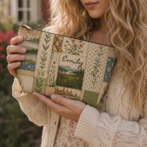 May include: A rectangular zippered pouch featuring a patchwork design of various floral and landscape scenes in muted earth tones. The center panel displays a mountain landscape with the name Emily printed in black cursive script across the top.