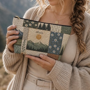 Personalized Mountain Patchwork Pouch & Matching Tote | Forest Accessory Bag | Wildflower Travel, Makeup, Pencil Pouch | Nature Gift for Her