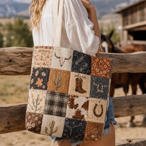 Spersonalizowana torba typu tote w stylu western | Torba z płótna w stylu kowbojskim | Portfel z podkową i kaktusami | Torba boho rodeo | Prezent z imieniem dla niej
