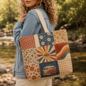 May include: A patchwork tote bag featuring various fabric squares with floral patterns, a sunburst design with the text oakley, wavy stripes, a gingham check, and a graphic of a red van. The bag has cream-colored shoulder straps.
