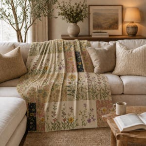 Personalisierte Samtdecke mit Wildblumenmuster | Blumenmuster-Decke mit Namensaufdruck | Kuscheldecke im Vintage-Cottagecore-Stil | Botanisches Geschenk für Sie