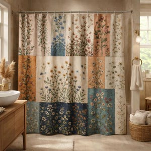 Vintage Wildflower Patchwork Shower Curtain | Botanical Floral Bathroom Decor | Cottagecore Quilt Inspired Bath Curtain