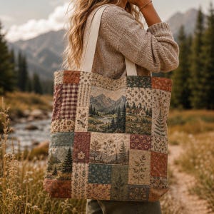 Peut inclure: Un sac fourre-tout en patchwork composé de divers panneaux de tissu rectangulaires aux motifs imprimés incluant des paysages de montagne, des forêts de pins, des fleurs, des fougères et un motif vichy marron, avec deux larges anses crème.