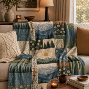 Personalized Mountain Patchwork Velveteen Blanket | Sunrise Forest Wildflower Quilt Print | Soft Cozy Nature Throw Gift | Rustic Cabin Decor