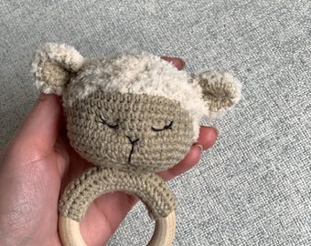 Crochet Lamb Baby Rattle | Wooden Teether Toy | Organic Baby Gift | Handmade Amigurumi Sheep | Neutral Nursery Toy