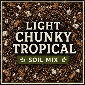 May include: A dark brown potting soil mix with visible wood chips and white perlite particles. The text LIGHT CHUNKY TROPICAL SOIL MIX is printed in white and cream letters over the soil, with small leaf icons flanking the word SOIL MIX.