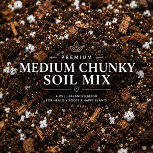 May include: Close-up of a soil mix with visible chunks of wood, white granules, and dark soil. The text reads "PREMIUM MEDIUM CHUNKY SOIL MIX" and "A WELL-BALANCED BLEND FOR HEALTHY ROOTS & HAPPY PLANTS".