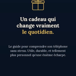 May include: A dark blue digital graphic featuring a gold gift icon and text in French: IDÉE CADEAU FÊTE DES MÈRES & PÈRES, Un cadeau qui change vraiment le quotidien. Le guide pour comprendre son téléphone sans stress. LE GUIDE COMPLET (PDF) — SUR ETSY.