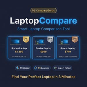 May include: Graphic promoting LaptopCompare, a smart laptop comparison tool. Displays three laptops: Sırmon, Sarrtan, and Sireon, with specifications and ratings. Includes text: "Find Your Perfect Laptop in 3 Minutes."