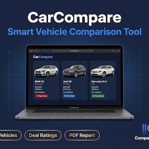 以下が含まれることがあります： CarCompareのウェブサイトを表示するラップトップ。スマート車両比較ツールです。画面には、BMW X2、Audi Q5、Mercedes GLAの3台の車が表示され、取引評価が示されています。「75台以上の車両」、「取引評価」、「PDFレポート」などのテキストも含まれています。