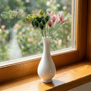 May include: A white ceramic vase displaying a bouquet of artificial flowers. The flowers are in shades of green and pink, with green stems. The vase sits on a wooden windowsill, with a blurred outdoor scene visible through the window.